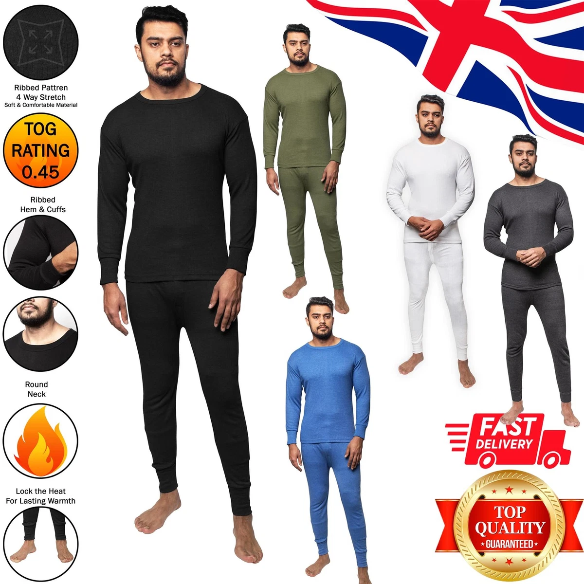 MENS FULL SET THERMAL UNDERWEAR LONG SLEEVE SHIRT VEST TOP & LONG JOHNS  TROUSERS