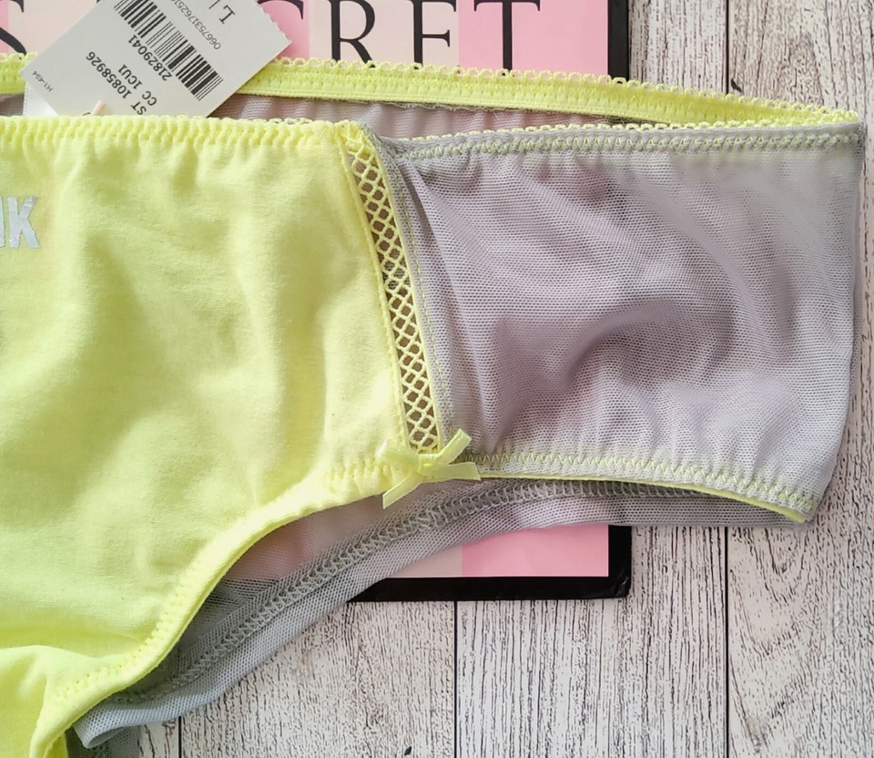 NWT Victoria's Secret PINK Vintage Yellow Gray Mesh Ruched Hipster