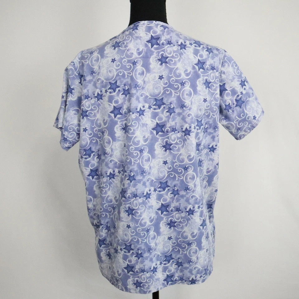 Stat Scrub Top Womens Small Medical Uniform V-Neck Blue Stars Short Sleeve - Image 3 of 4