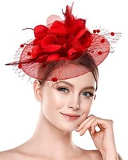 Halloween Fascinators Hat for Women Tea Party Feather Headband Mardi 1-2 F-red