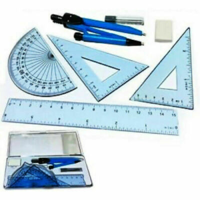 7-teiliges Mathe Geometrie Set Schulanfang Prüfung Schreibwaren Kompass Winkelmesser Radierer
