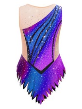 Kids Girls Leotard Gradient Print Gymnastics Rhinestone Bodysuit Training Mesh