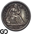 1838 Seated Liberty Dime No Drapery, Large Stars, Scarce Collector AU Type Coin