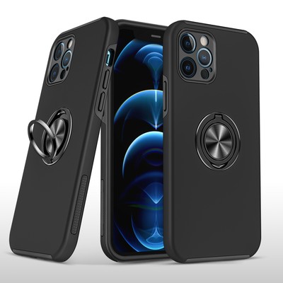 For iPhone 12 Pro Max Case Rubber Dual Layer Magnetic RingStand + Tempered Glass