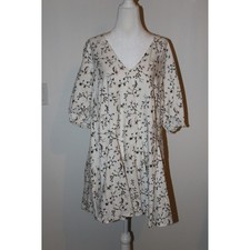 Universal Thread Womens XL Floral V-Neck Puff Sleeve Mini Dress Pockets Cream