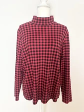 Croft & Barrow Womens Shirt Size XL Red Black Check Mock Neck Long Sleeves