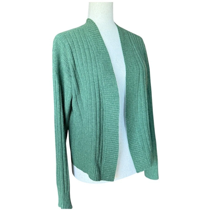 Cárdigan de otoño verde cachemir acanalado frente abierto 100 % cachemir suéter para mujer S Foto 2 de 4