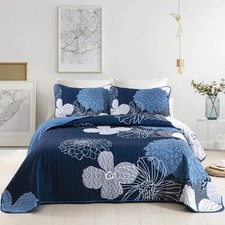 3 Pieces Navy Blue Floral Pattern Quilts Set Queen Size - Reversible Microfib...