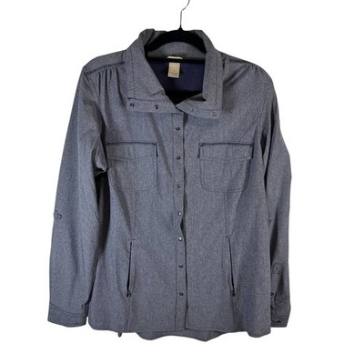 Duluth Trading Co Womens purple Micro Stripe Roll Tab Sleeve Utility Shirt L