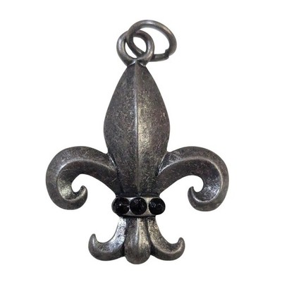 Vintage Fleur De Lis Pendant Silver Tone Black Rhinestone Gothic Charm 1.25 Inch