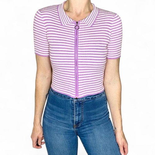 NWT MANGO Purple Collar Striped Zip-Up Polo Retro Preppy Shirt