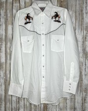Vintage Ely Diamond Shirt Mens MediumWhite Embroidered Pockets Pearl Snap Native