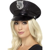 Smiffys Schwarze Pailletten PolizeimüTze Mit Abzeichen Erwachsene Fancy Dress