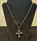 VINTAGE SILVER TONE NECKLACE WITH TURQUOISE ACCESS CROSS PENDANT — photo 1