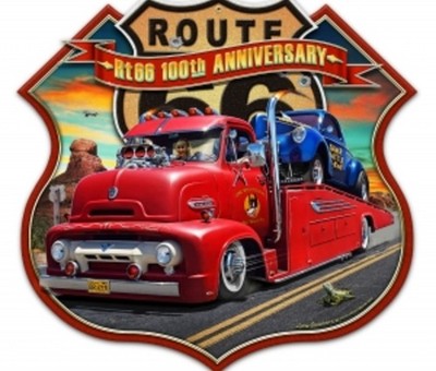 Route 66 100th Anniversary Ford Truck Metal Sign 18x17 Larry Grossman Decor Gift