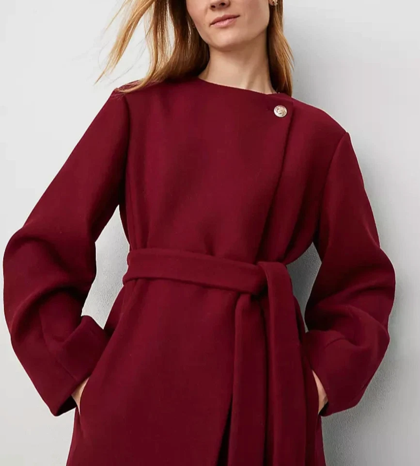 НОВЫЙ ANN TAYLOR БОГАТЫЙ ШЕЛКОВИЦЫ ГАЛСТУК ТАЛИИ ВОЗДУШНЫЙ ШАР РУКАВ ШЕРСТИ СМЕСЬ ПАЛЬТО SZ XL - Изображение 2 из 4