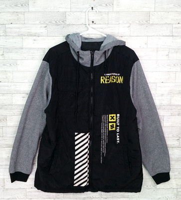 Men's Reason Brand Logo Light Windbreaker Hoodie Jacket Size Large L Black Gray