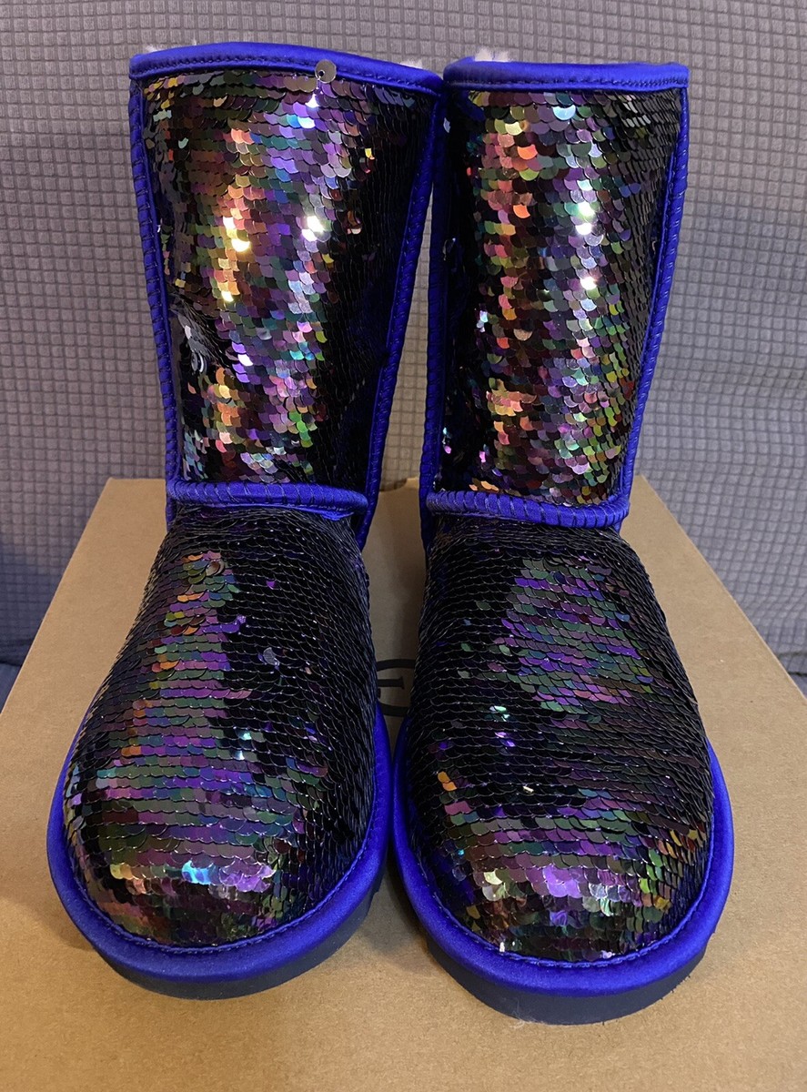 NEW Ugg Australia Womens Classic Short Sequin Boot Blue Size
