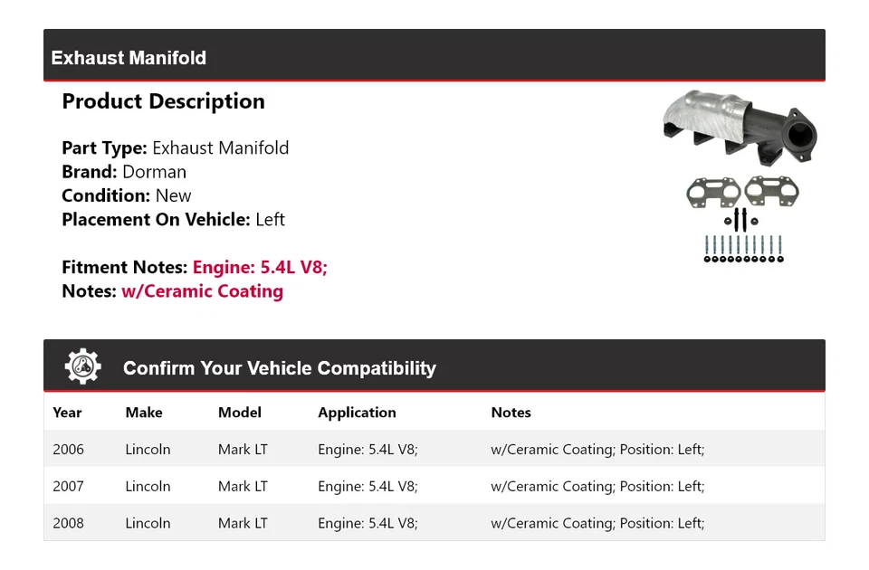 Colector de escape izquierdo para Lincoln Mark LT 2006-2008 5,4 L V8 Dorman 2007 Foto 2 de 4