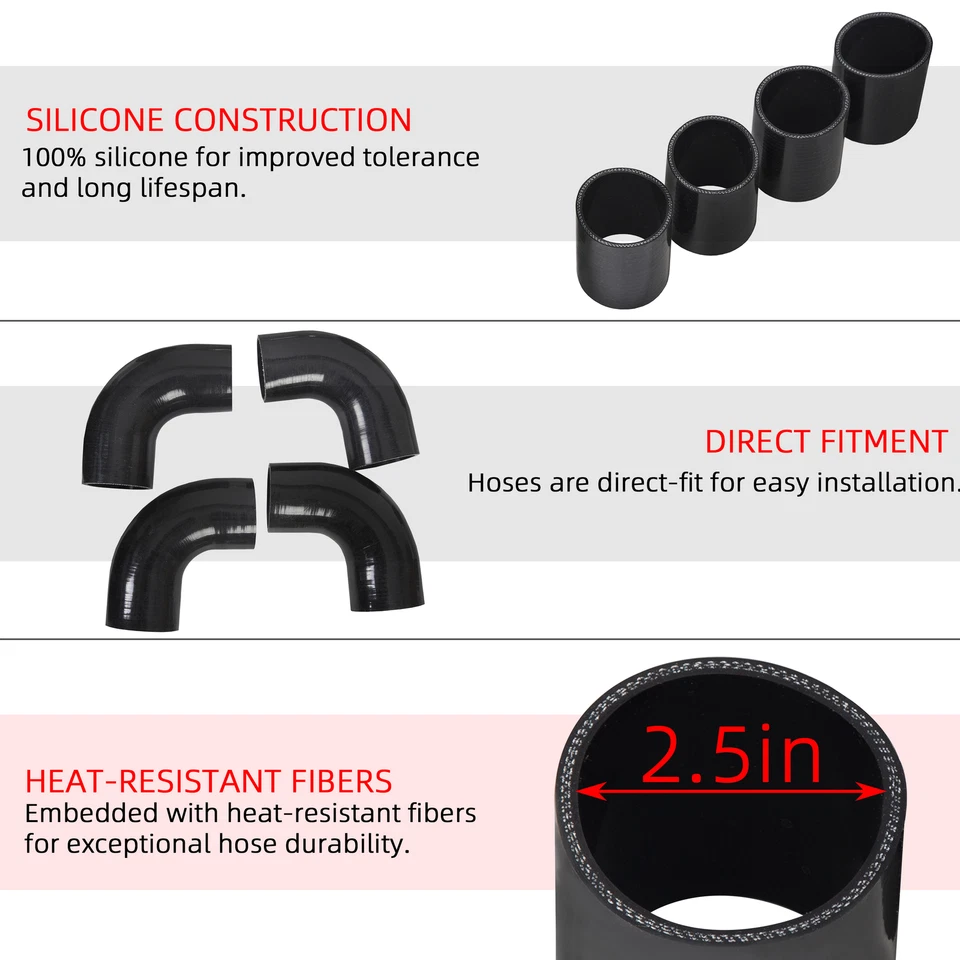 Kit de tuberías intercooler de aluminio turbo universal automático cromado negro de 2,5" pulgadas Foto 4 de 4