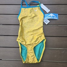 TYR The Finals Atlantis Foil Flutterback Swimsuit Youth Girls Gold - Size 26 NEW