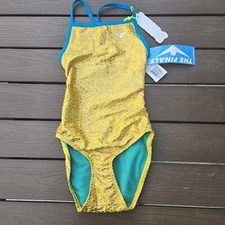 TYR The Finals Atlantis Foil Flutterback Swimsuit Youth Girls Gold - Size 26 NEW