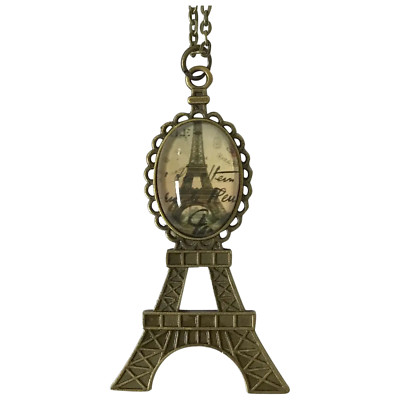 Handcrafted Artisan Eiffel Tower Shaped Pendant Bronze w/Script Writing Necklace