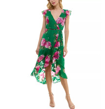 BCX Bright Green and Pink Juniors' Floral Print Jacquard Faux Wrap Dress
