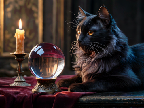 5x7 Black Cat With Crystal Ball Art Print Wall Hanging Picture Photo Halloween - Picture 2 of 3