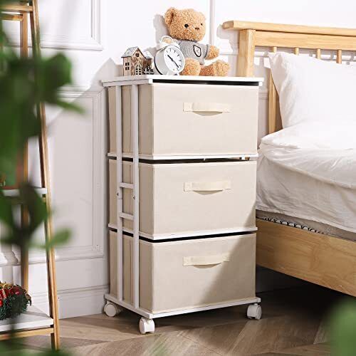 Dresser Tower with 3 Drawers,Fabric Dresser Classic Drawer Dresser Beige - Picture 2 of 6
