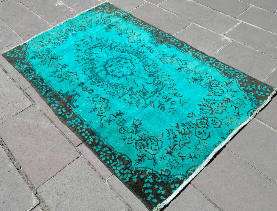 4x6 Rug CYAN OVERDYED Rug Hand Knotted Turkish Area Rugs Carpet actual 46x73″ - Image 4 of 4