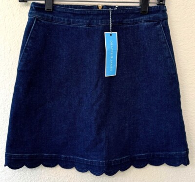NEW Draper James Scalloped Hem Dark Blue Denim Zip Mini Skirt Women's Size 0