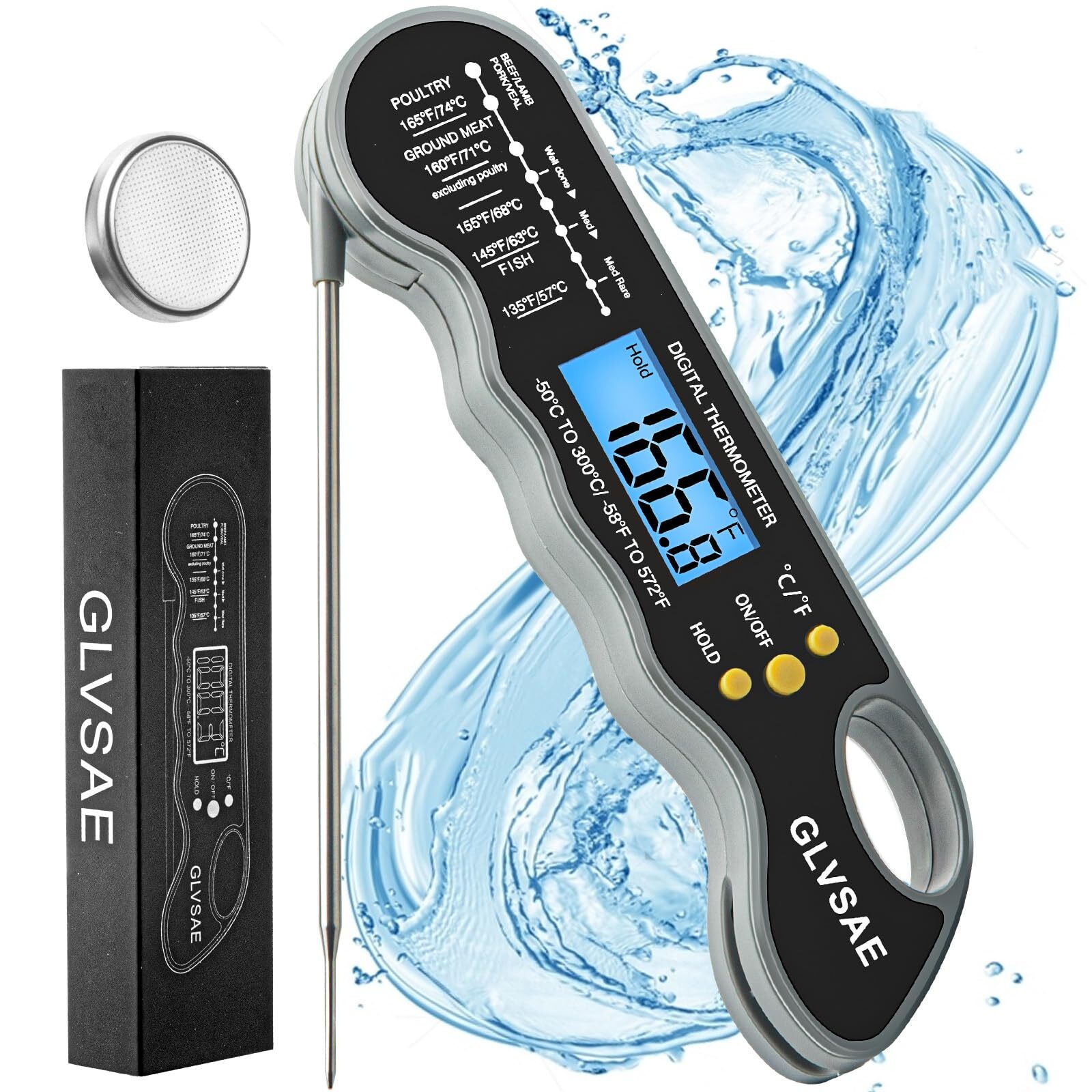 Waterproof Digital Instant Read Meat Thermometer with 4.6” Folding Probe Back...