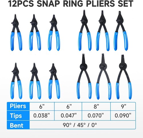 12-Piece Snap Ring Pliers Set Heavy Duty, Internal External Convertible Fixed Ti - Picture 2 of 5