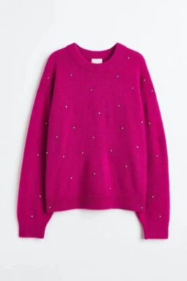 H&M Beaded Diamante Soft Knit Jumper Pink - Size XS - BNWT - Image 1 of 3