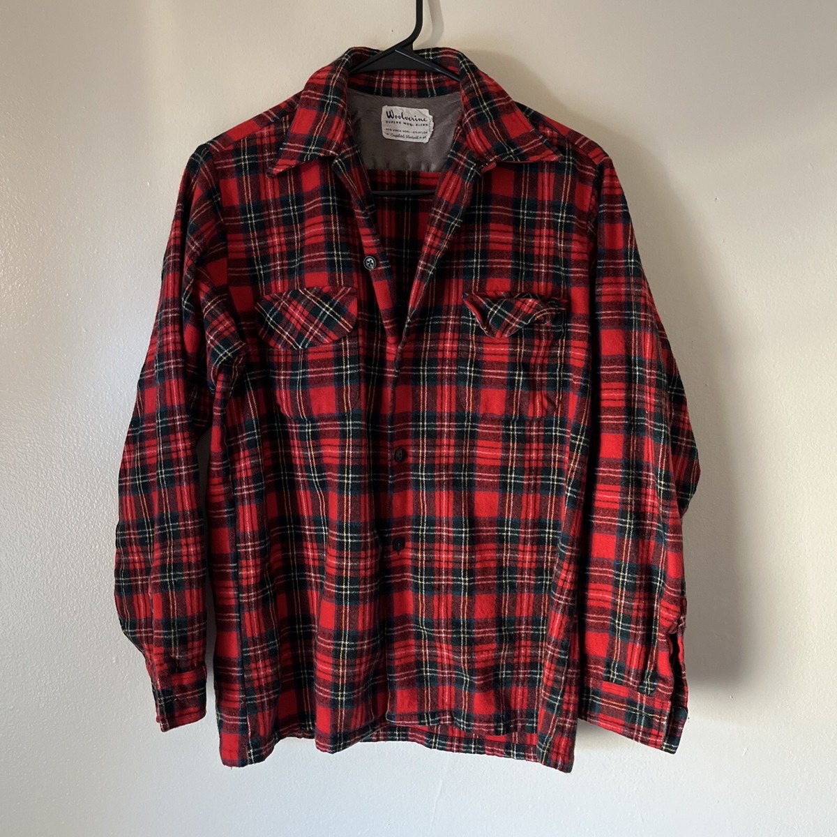 1950s Vintage Wolverine Wool Blend Washable Button Up Flannel Shirt,  Red/Green-M