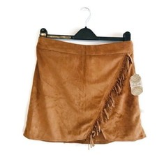 NWT Altar  d State Camel Brown Boho Faux Suede Asymmetrical Fringe Mini Skirt