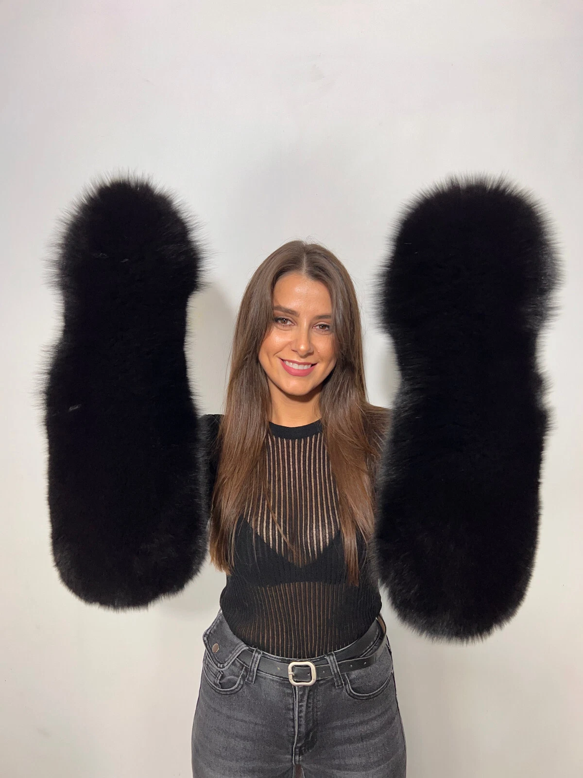 Huge Fox Fur Long Mittens Saga Furs Jet Black Fur Elbow Length Winter Gloves