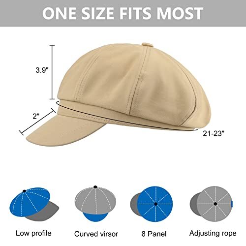 Women's Newsboy Cap 8 Panel Visor Beret Bakerboy Cabbie One Size Cotton-khaki - Picture 5 of 6