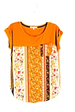 Jolt Top Womens Medium Mustard/Gold Floral Folded Short Sleeve Round Neck