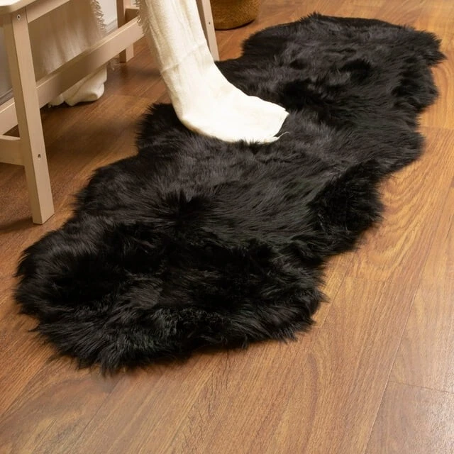 Genuine Sheepskin Rug Black Fur Rug Double Pelt Throw Rug 2ft x 6ft Floor Matts