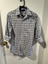 Tommy Hilfiger Men Dress Shirt Checkered Blue Size 14 1/2 L 32/33 Slim-Fit