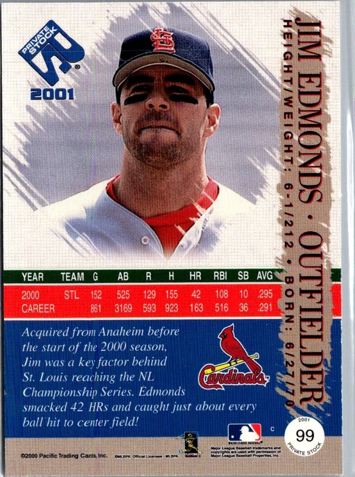 2001 Pacific Private Stock - Jim Edmonds #99 Silver Portraits /290 - Image 2 of 2