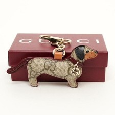 GUCCI GG Emblem Dog Charm Keychain Canvas Leather Beige Accessory W/Box New