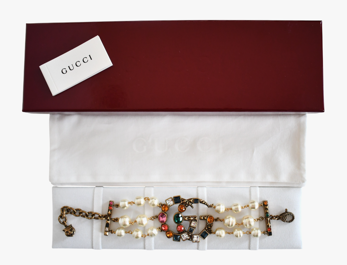 🆕️ Authentic GUCCI CRYSTAL DOUBLE G & FAUX PEARL Statement