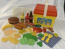 Vintage Fisher Price Picinic Set Basket w/Play Food 50 Pieces