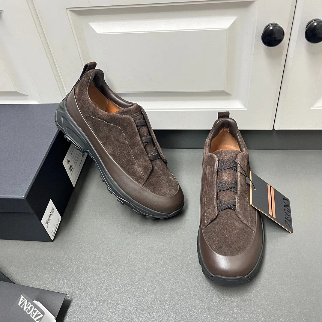 Zegna Triple Stitch Vetta Brown Suede and Sneakers Designer Shoes Size 42
