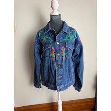 Vintage Embroidered Denim Jacket festival Peacock Floral Boho Trucker hippie M