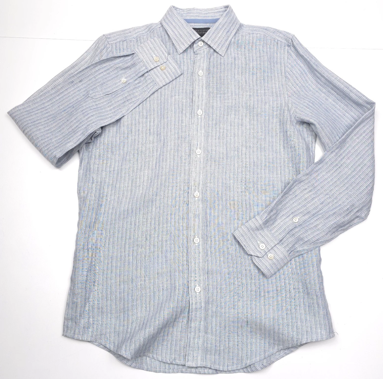 Bloomingdales Linen Button Up Shirt Mens Large L Denim Blue Pencil Striped NWT
Opens in a new window