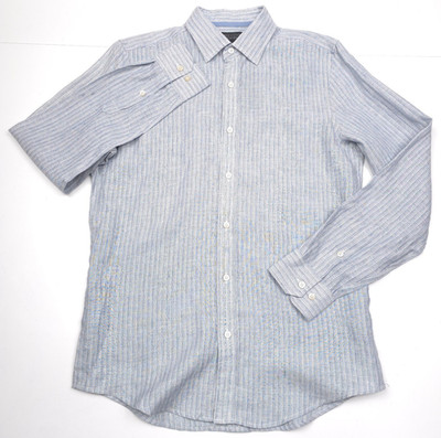 Bloomingdales Linen Button Up Shirt Mens Large L Denim Blue Pencil Striped NWT